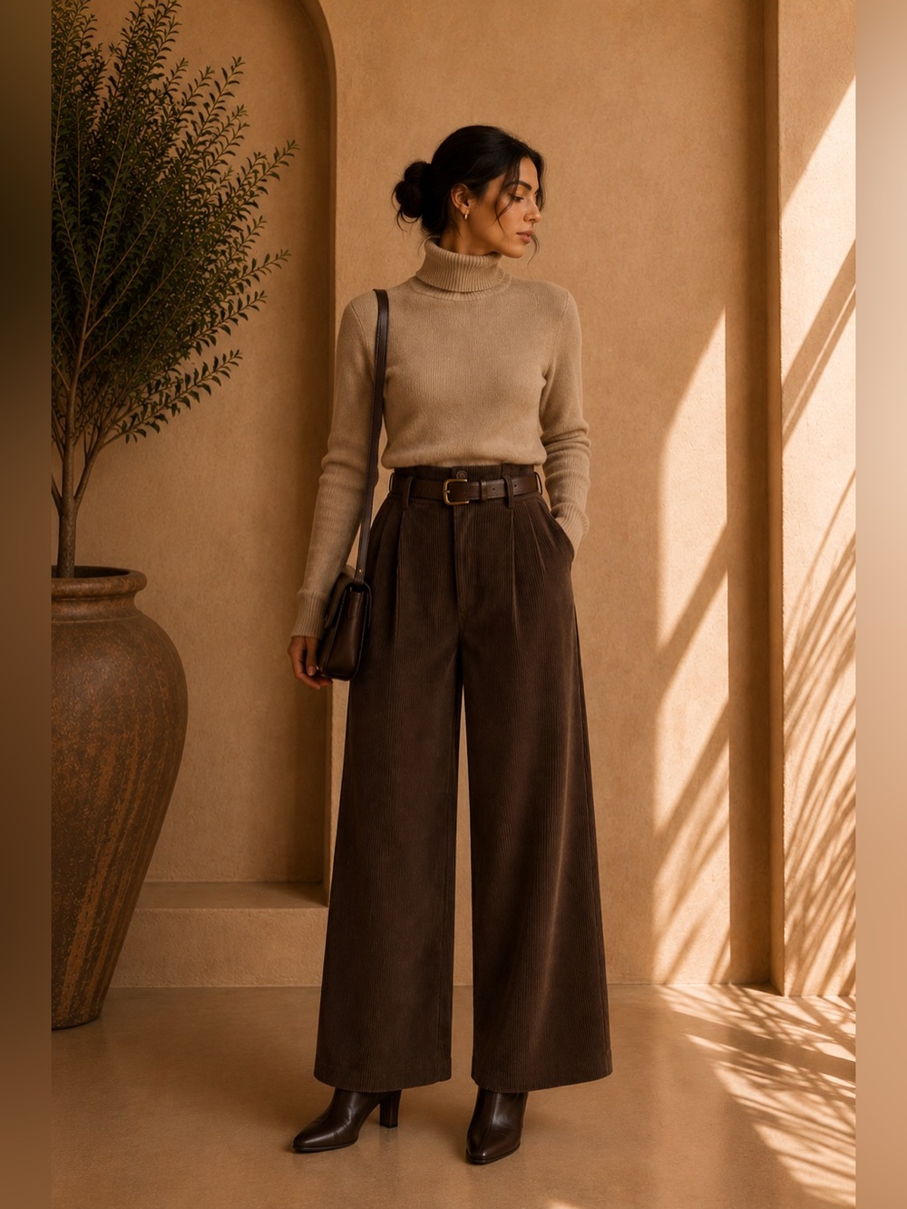 Commense Brown Belted Corduroy High Waist Pants XS | 70s Fall